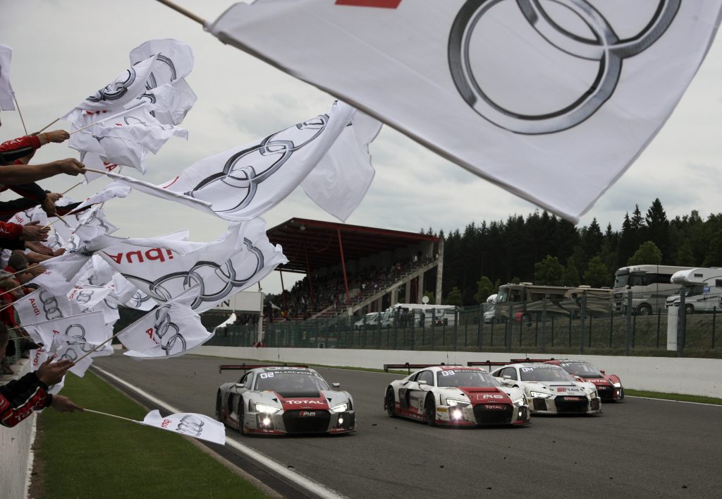 Audi R8 LMS #2 (Audi Sport Team WRT), Nico Müller/Stéphane Ortelli/Frank Stippler, Audi R8 LMS #5 (Audi Sport Team Phoenix), Christian Mamerow/Christopher Mies/Nicki Thiim, Audi R8 LMS #6 (Audi Sport Team Phoenix), Marcel Fässler/André Lotterer/Mike Rockenfeller, Audi R8 LMS #1 (Audi Sport Team WRT), René Rast/Laurens Vanthoor/Markus Winkelhock